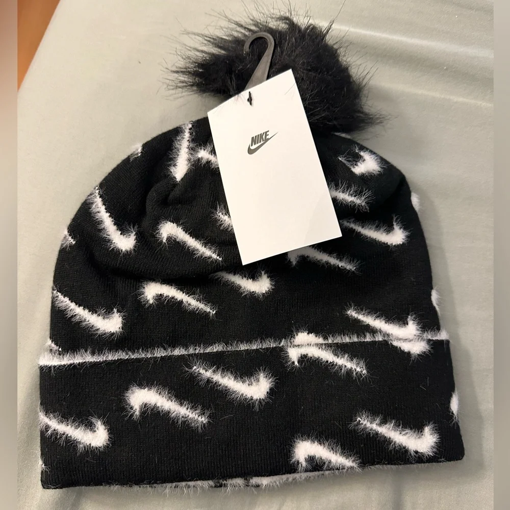 Nike Boys Faux Fir Pom Pom Beanie in Black and White